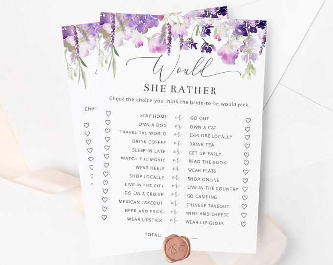 Lilac Would She Rather Bridal Shower Game, Purple wildflower Bridal Shower Games. Floral Bachelorette Party Games, Hen Party Games #09
