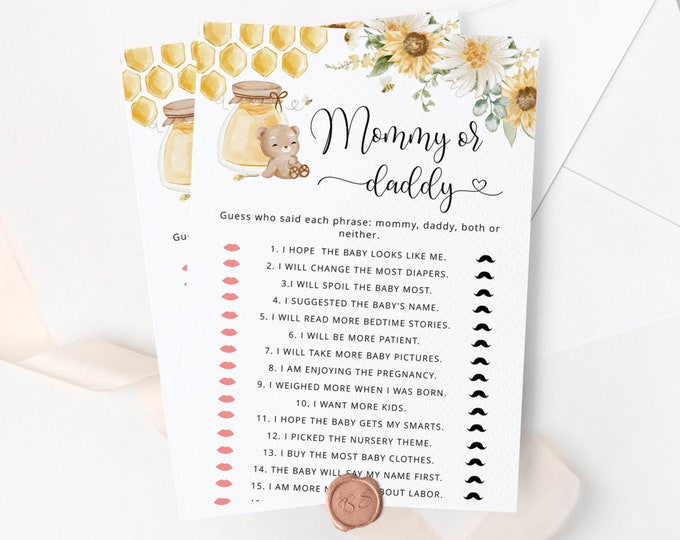 Honey bear Guess Who Said It Mommy or Daddy. Sunflower Mommy or Daddy Guess Who Baby Game Instant Download #hb1