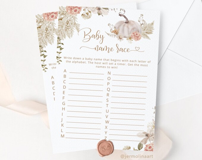 Baby name race Baby Shower Game. Boho Pumpkin baby name race game. Guessing Game. Fall floral Baby Shower Game. Instant Download #p8