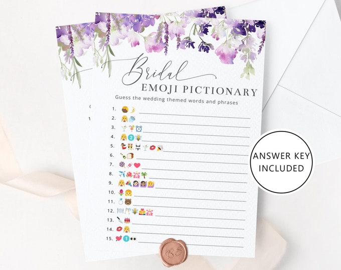 Bridal shower emoji pictionary. Lilac bridal emoji game. Lavender bridal shower emoji pictionary game #09