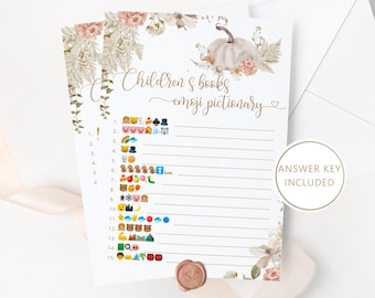 Fall Children's Book Emoji Pictionary game. Boho Pumpkin Baby Shower emoji pictionary guessing game with answers. Instant download #p8