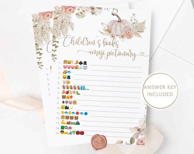 Fall Children's Book Emoji Pictionary game. Boho Pumpkin Baby Shower emoji pictionary guessing game with answers. Instant download #p8