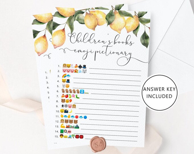 Children's Book Emoji Pictionary. Lemon Baby books emoji pictionary guessing game with answers. Citrus baby shower game #lm1
