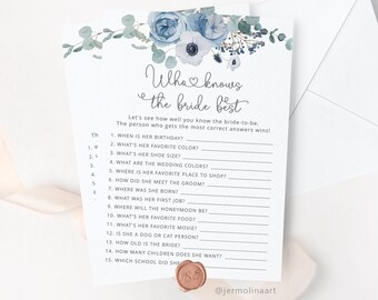 Dusty blue Who Knows the Bride Best game. Winter Bridal Shower Games, Dusty blue How Well Do You Know the Bride game Instant Download #dus