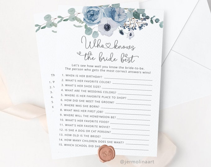 Dusty blue Who Knows the Bride Best game. Winter Bridal Shower Games, Dusty blue How Well Do You Know the Bride game Instant Download #dus