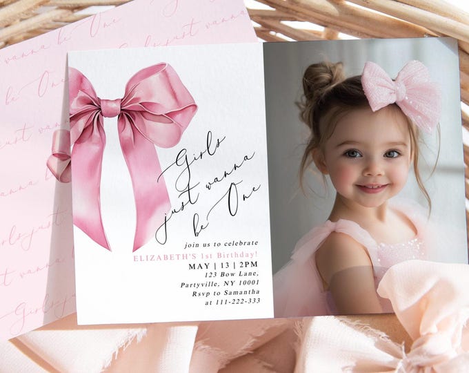 Girls just wanna be One Photo 1st birthday invitation template. Pink Bow Coquette bow Girl Photo minimalist birthday invitation #bow1