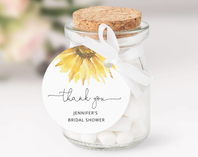 Sunflower sticker template. Bridal shower minimalist round favor tag template. Watercolor sunflower Circle Sticker Template #sun1