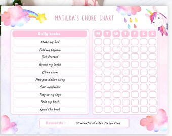 Kids unicorn Chore Chart Printable, Editable Chore Chart for Kids, Responsibilities Checklist Printable. Reward Chart, job chart for girl