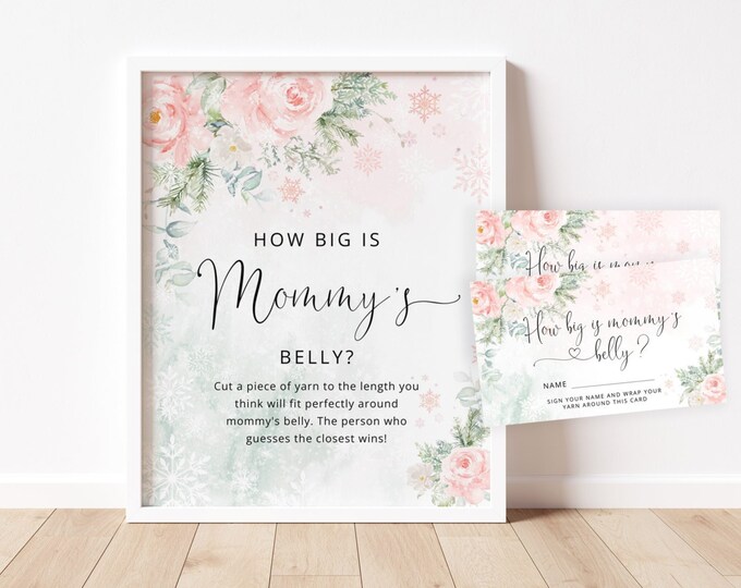 Winter How Big is Mommy's Belly Game. Blush pink snowflakes Belly Guessing Game.  Instant Download #wb5