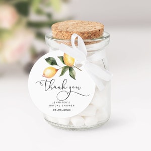 Modèle d'autocollant de citron. Modèle d'étiquette de faveur ronde d'agrumes de douche nuptiale. Modèle d'autocollant de cercle de citron Corjl imprimable #lm1