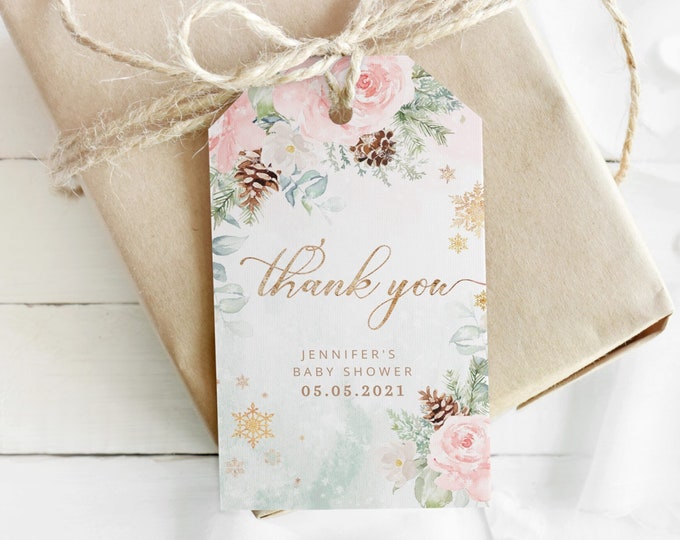 Winter baby shower thank you tag. Winter onederland favor tag template.  Winter birthday floral thank you tag #wb6