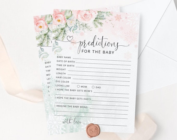 Blush snowflakes Baby predictions card. Winter Baby Shower Game. Winter predictions for baby card.  Instant Download #wb5