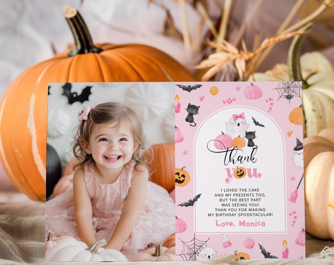Spooky One photo thank you card. Editable Cute Little Boo birthday thank you card. Spooky One 1st Birthday thank you Corjl template #hl2