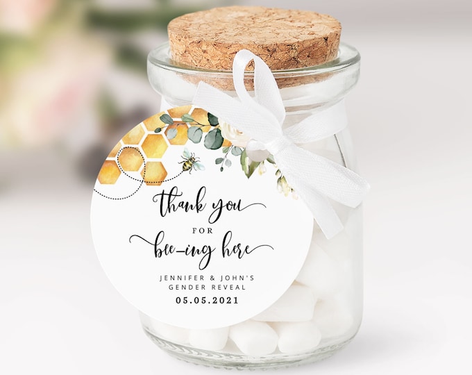Bee gender reveal favor tag. Thanks for beeing here round favor tag template.Bee Circle Sticker Template Corjl printable #bee