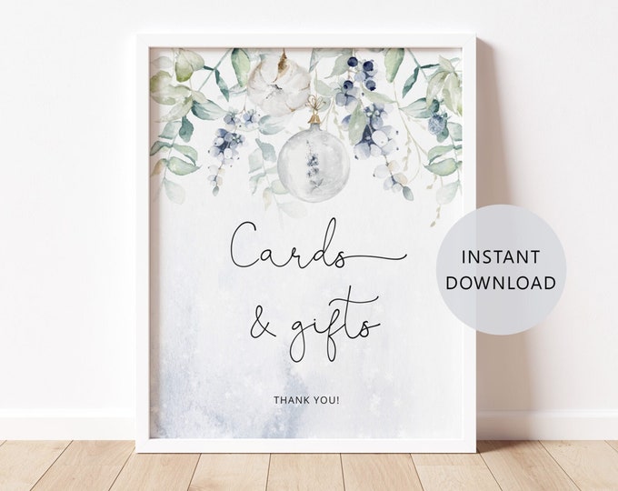 Winter Cards and Gifts Sign in 2 Sizes. Eucalyptus baby shower Cards & Gifts Sign. Snowy baby shower decoration. Instant Download #wb3