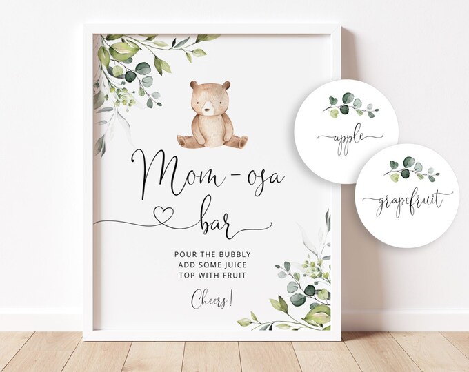 Bear Mom-osa Bar Sign, Little Bear Bubbly Bar Sign. We can bearly wait Baby Shower Decoration Signs, greenery momosa bar juice tags #w5