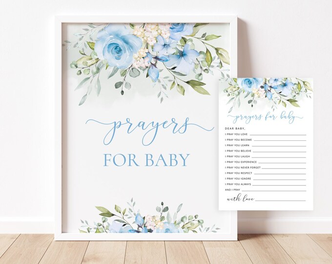 Prayers for baby sign and card. Eucalyptus Blue floral prayers for baby. Baby advice card #fl3