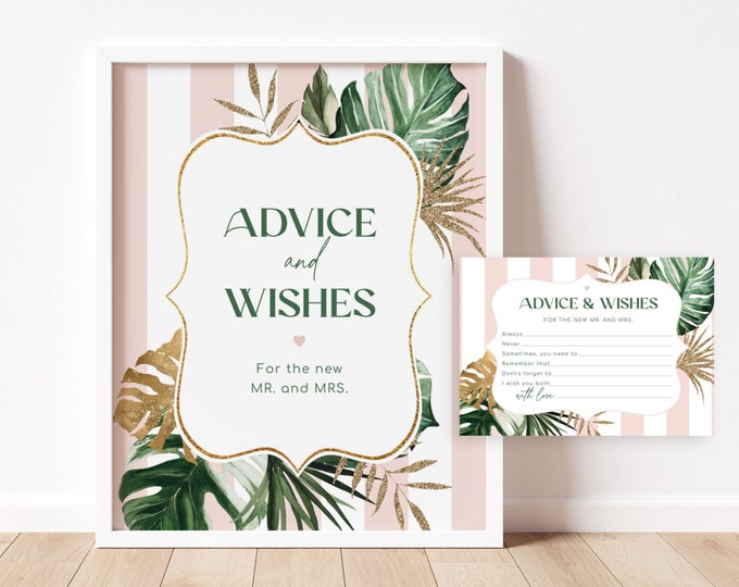 Beverly hills Advice and Wishes for the Newlyweds.  Green pink stripes palm leaves Advice for Bride & Groom Game. Instant Download #bev1