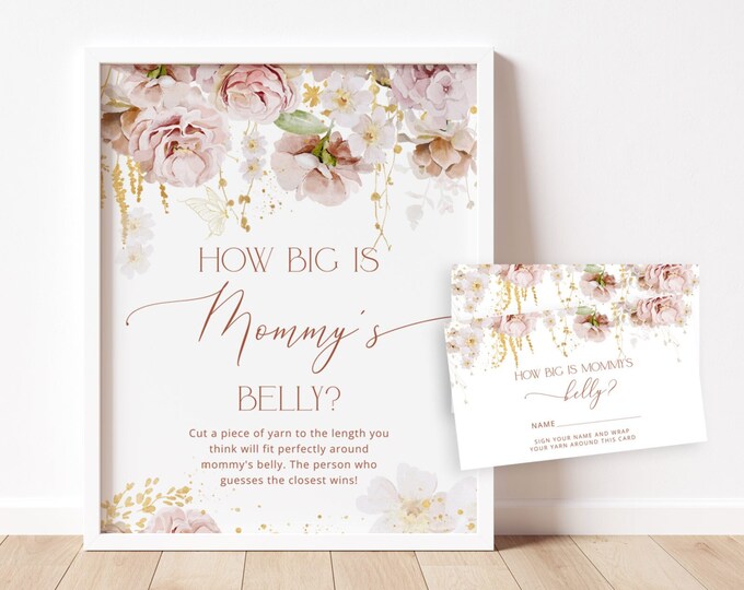 Garden Floral How Big is Mommy's Belly Game. Beige gold boho Belly Guessing Game. Instant Download #gar1