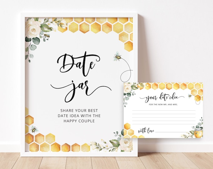 Bee Date Jar Game. Meant to bee Date Jar Sign, Date Ideas Cards. Date Night Bridal Shower Games. Bride to bee Bachelorette Party Game #bee3