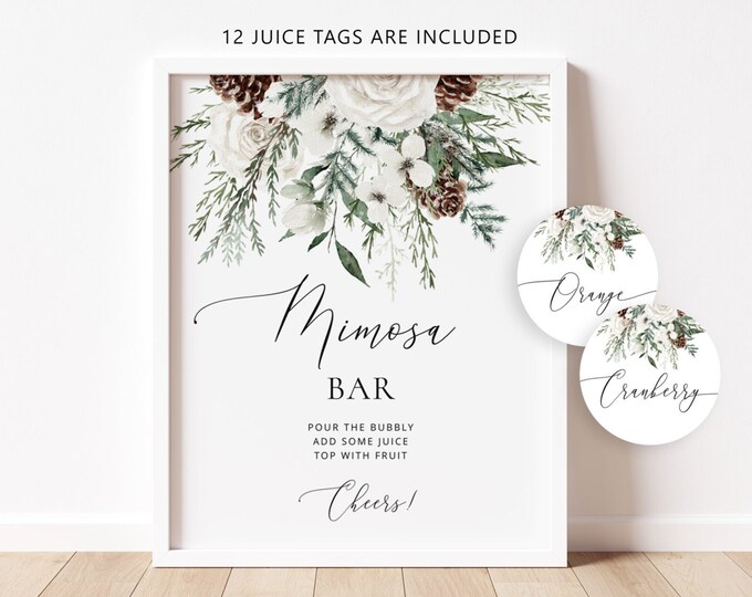 Evergreen Mimosa Bar Sign, Winter Bubbly Bar Sign. Winter pine tree mimosa bar juice tags #ev1