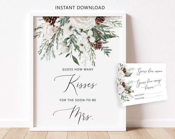 Winter Guess How Many Kisses sign. Evergreen Bridal Shower Guessing Games. Evergreen Guess How Many Kisses for the Mrs Instant download #ev1