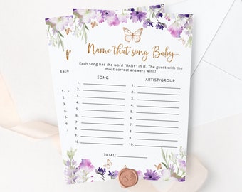 Name that song baby game. Purple butterffly name that song baby shower game. Purple baby shower games. Instant Download #06