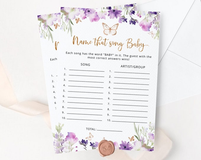 Name that song baby game. Purple butterffly name that song baby shower game. Purple baby shower games. Instant Download #06