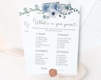 Dusty blue What's In Your Purse. Floral dusty blue Bridal Shower Games Printables. Bridal Shower Game Idea. Instant Download #dus