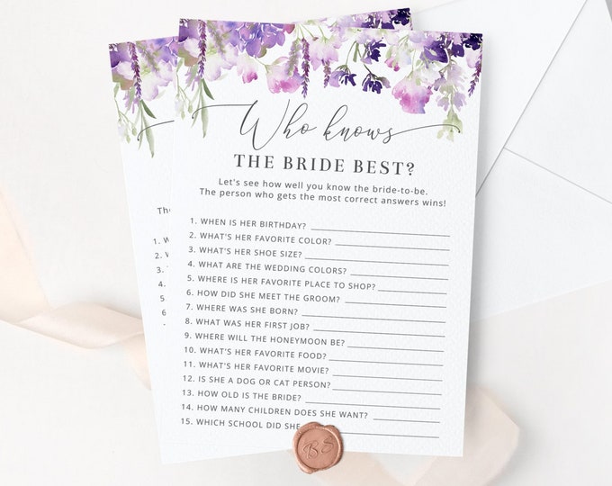 Lilac Who Knows the Bride Best game. Wildflowers Purple How Well Do You Know the Bride game. Instant Download #09