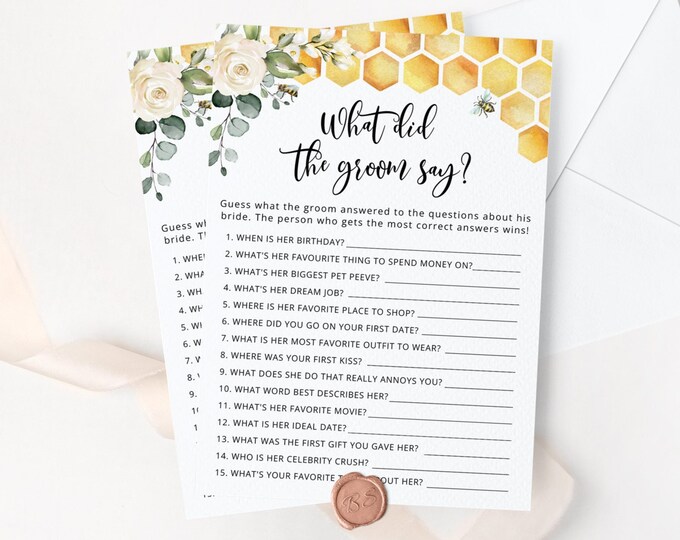 Bee What did the groom say game. Floral bee What did he say Bridal Shower Game.  Instant Download #bee3