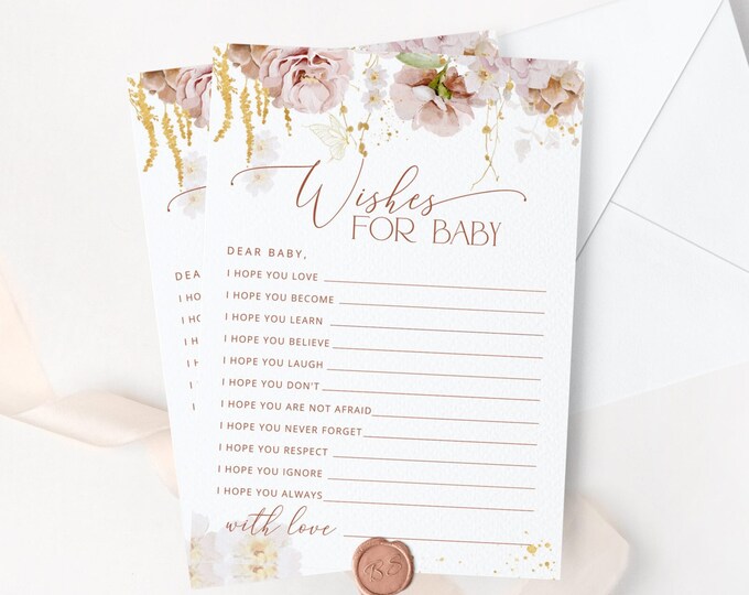 Boho Wishes for Baby card. Gender neutral garden flowers wishes for baby game. Instant download #gar1