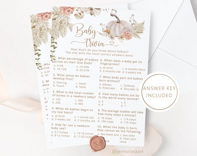 Baby shower trivia game. Boho pumpkin baby trivia baby shower game. Fall baby shower trivia game. Instant download #p8
