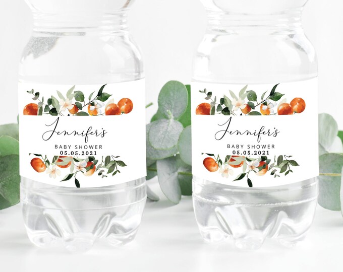 Oranges Baby Shower Water Bottle Labels. Citrus Water Bottle Labels. Editable little cutie water bottle label.  Corjl template #or2