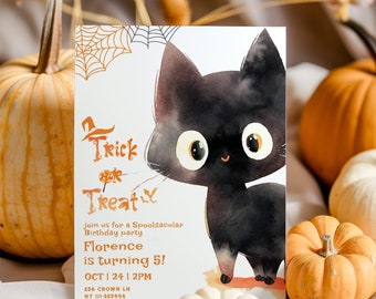 Black Cat Halloween Birthday Invitation: Editable Spooky Invite (5x7 in) #hp1