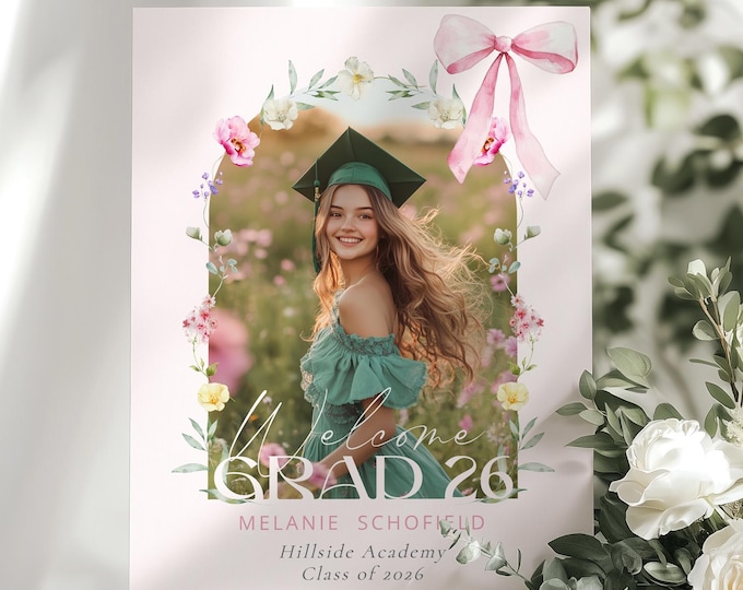 Wildflower Graduation Welcome sign template | Coquette Pink Bow Corjl Download #grad