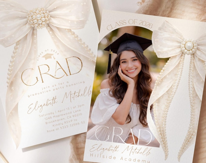 Pearl Bow Graduation party invitation template | Elegant beige gold photo editable Corjl #grad