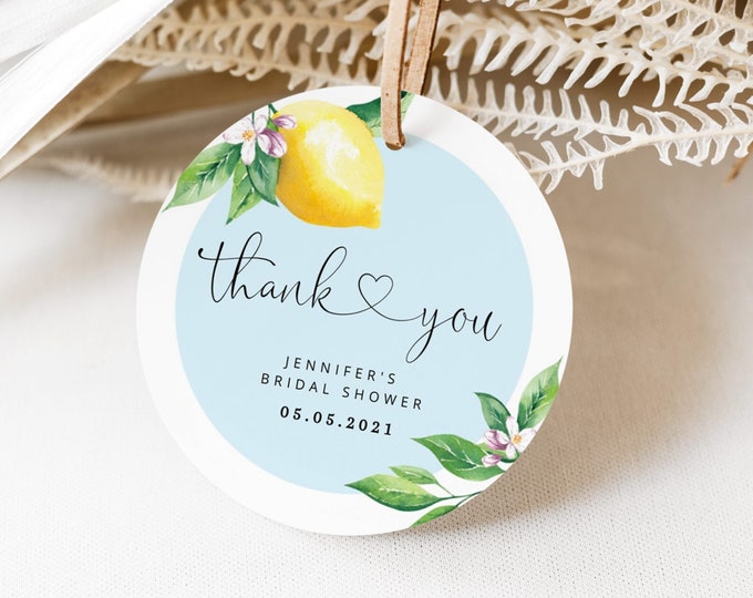 Blue Lemon baby shower sticker template. Elegant citrus round favor tag template. Lemon Circle Sticker Template Corjl printable #lem4