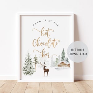 Signo de barra de chocolate caliente. Ciervos del bosque Calentamiento en el cartel de la barra de chocolate caliente. Decoración de baby shower de invierno. Descarga instantánea #w3