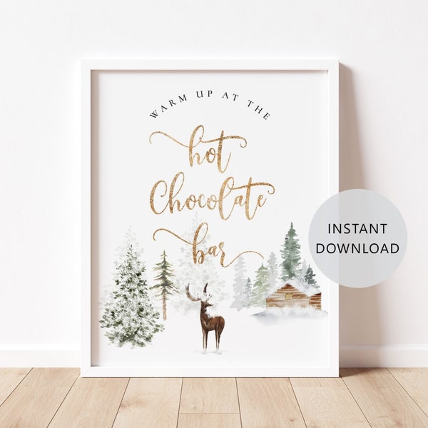 Hot chocolate bar Sign. Forest deer Warm up at the Hot Chocolate bar Sign. Winter baby shower decoration. Instant Download #w3