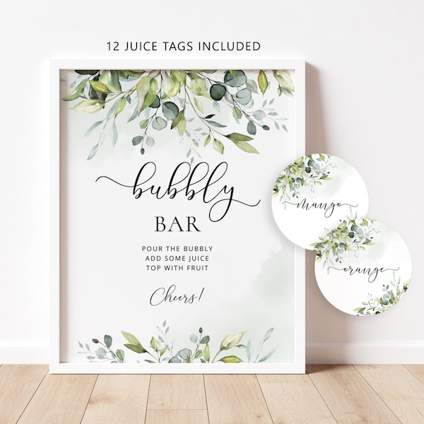 Greenery Bubbly Bar Sign, Bubbly Bar Printable. Eucalyptus Bridal Shower Decoration Signs, bubbly bar juice tags #01