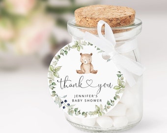 Bear baby shower favor tag. Little bear favor tag template. Bear round favor tag. Woodland round favor tag. Editable favor tag. Corjl #w1