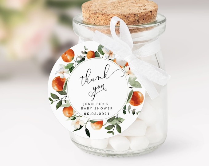 Little cutie baby shower favor tag. Orange round favor tag template. Citrus Circle Favor Tags Template. Citrus baby shower favors Corjl #or2