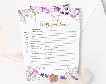 Purple Baby shower predictions card. Lavender gold butterfly Baby predictions Card. Butterfly kisses baby shower games. Instant Download #06