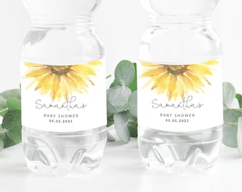 Sunflower Water Bottle Labels. Yellowe floral Water Bottle Labels. Sunflower baby shower decoration.  Corjl template #sun1