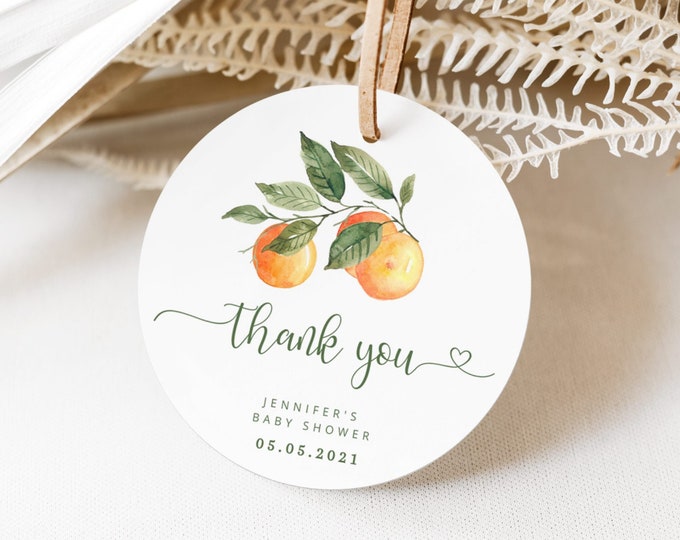 Little cutie baby shower favor tag. Orange round favor tag template. Citrus Circle Favor Tags Template. Citrus baby shower favors Corjl #or3