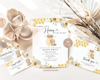 Honey bear baby shower Invitation bundle. Sunflower bee baby shower invitation. Honey baby shower printable pack #hb1