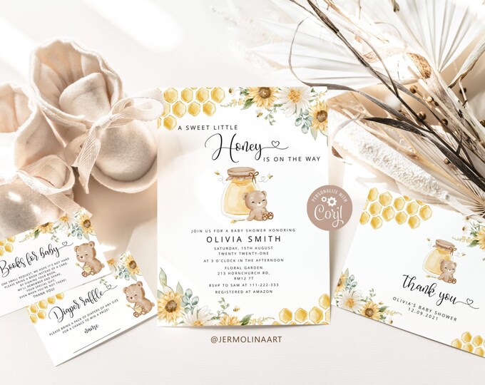Honey bear baby shower Invitation bundle. Sunflower bee baby shower invitation. Honey baby shower printable pack #hb1