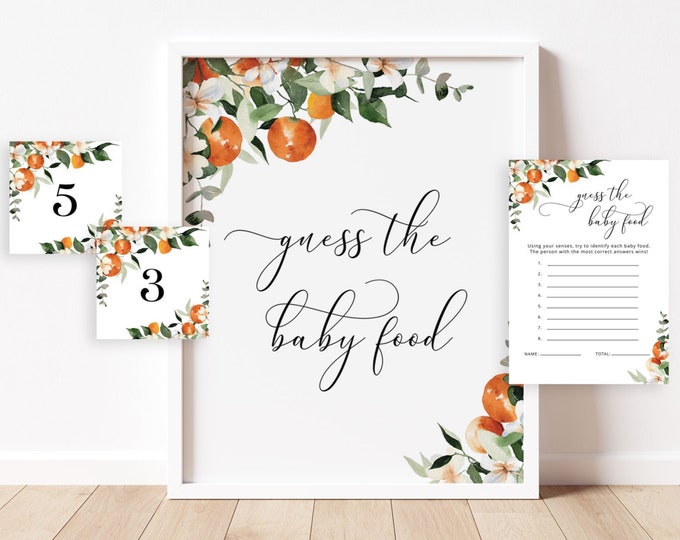 Little cutie guess the baby food game. Citrus baby food baby shower game.  Instant Download #or2
