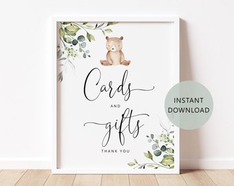 Bear Cards and Gifts Sign in 2 Sizes. Little bear eucalyptus Cards & Gifts Sign. Instant Download #w5